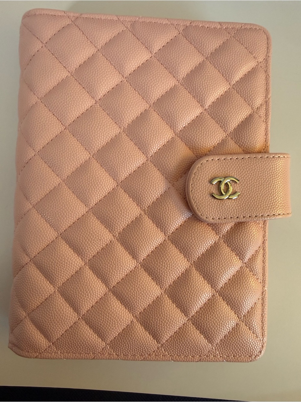 Quilted Leather Organizer in Blush Pink with Gold Hardware